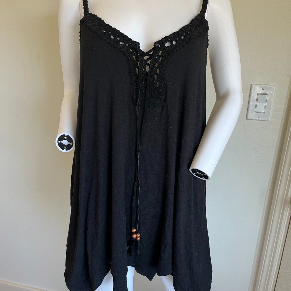 Sky swing dress with leather detail